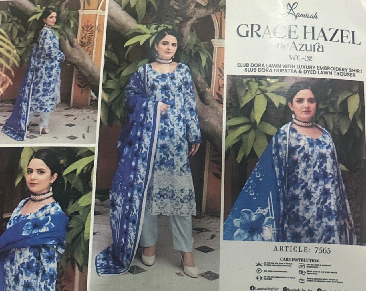 3-piece unstitched lawn suit from the Lamisah by Azura collection, specifically the "Grace Hazel" Vol-02