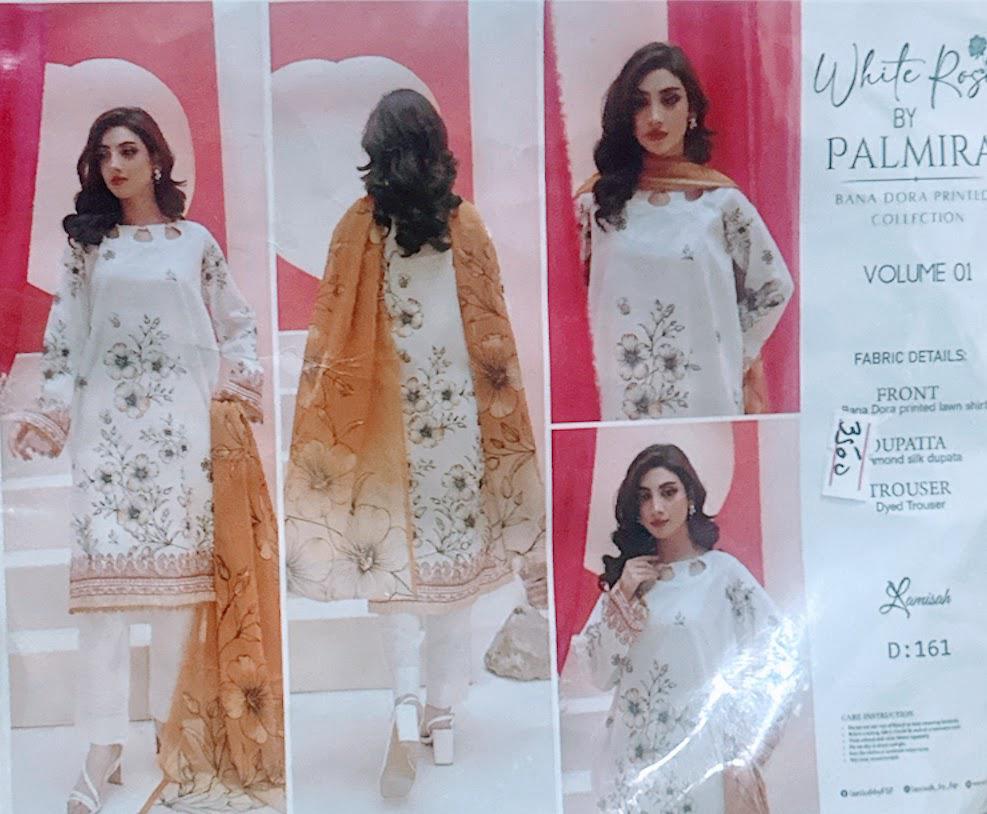 3-piece printed and embroidered lawn suit White Rose by Palmira